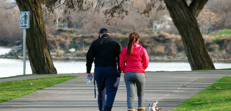 Couple walking the dog at a park