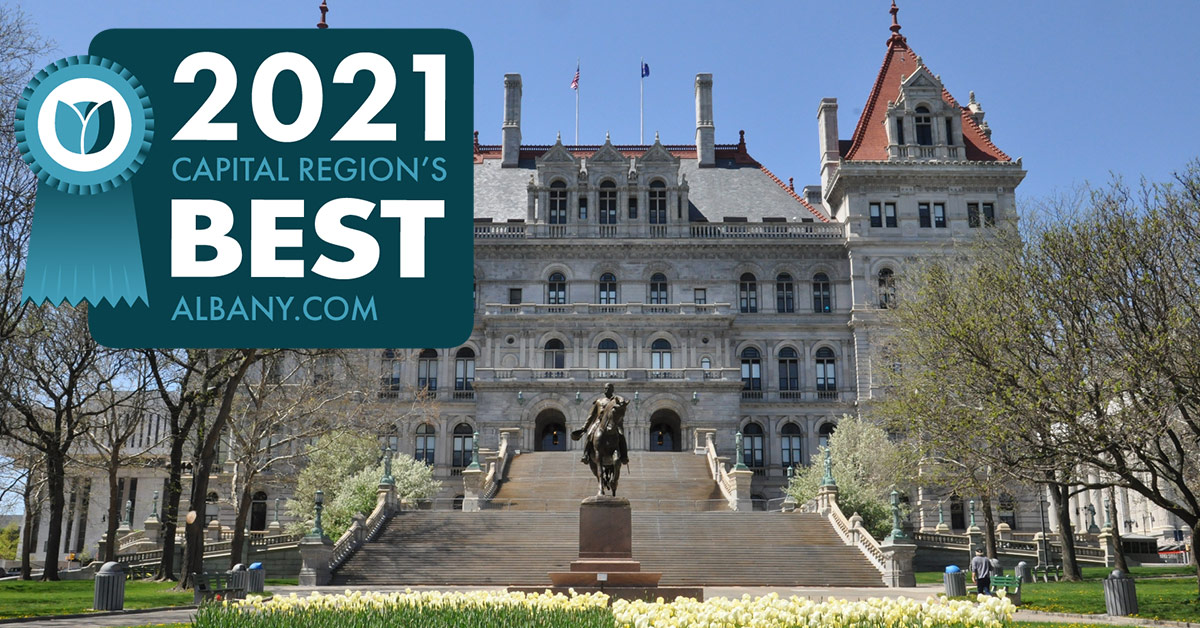 new york state capitol with region's best badge