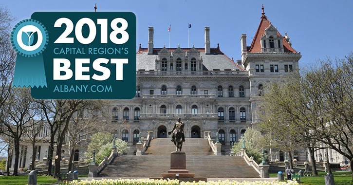 new york state capitol with region's best badge
