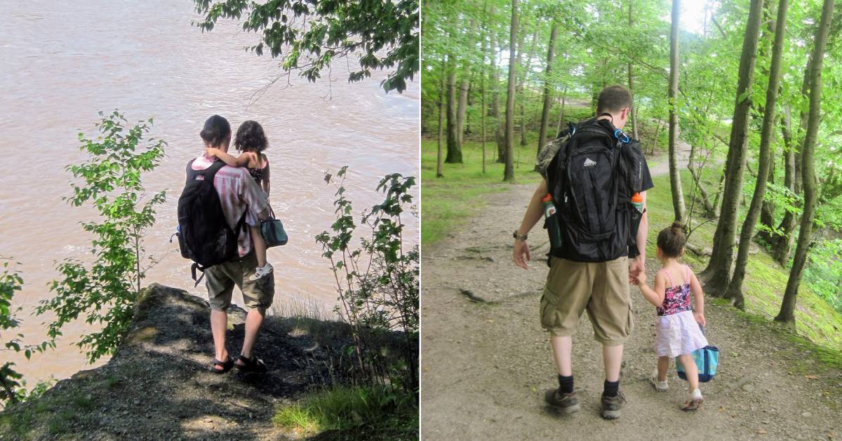 split image, each with a dad hiking with his daughter