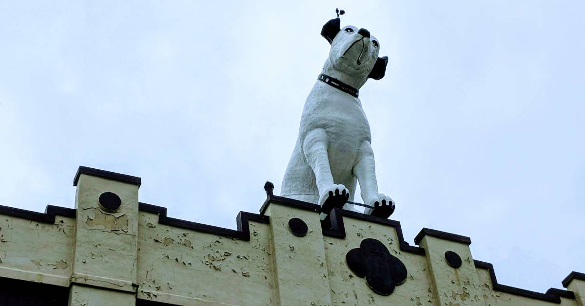 the Nipper dog on top of a roof